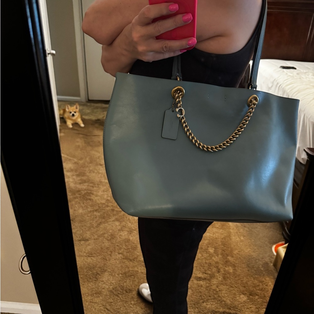 Coach Teal Leather Tote with Gold Chain - Picture 16 of 16